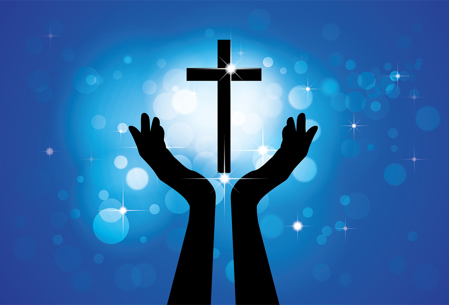 Person praying or worshiping to holy cross or Jesus - vector graphic concept of a devout faithful christian worshiping Son of Lord(Christ) with blue background of stars and circles